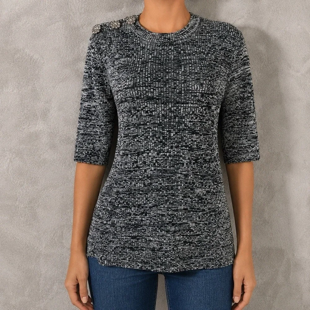 Ganni Melange Knit Top Womens Large Gray Crystal Embellished 3/4 Sleeve